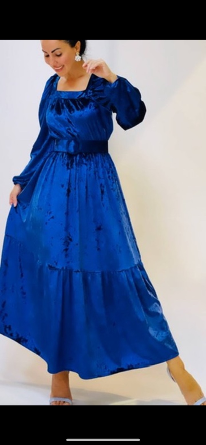 Blue Velvet Maxi Dress with Belt