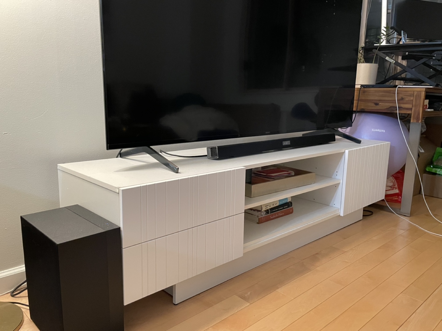 White TV Stand with Two Drawers & Shelves - photo 2