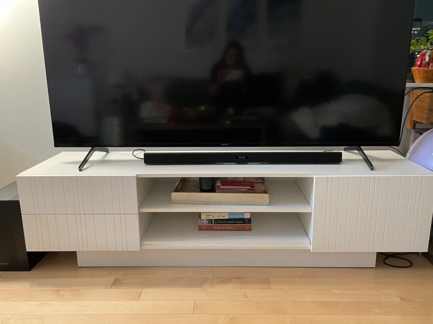 White TV Stand with Two Drawers & Shelves