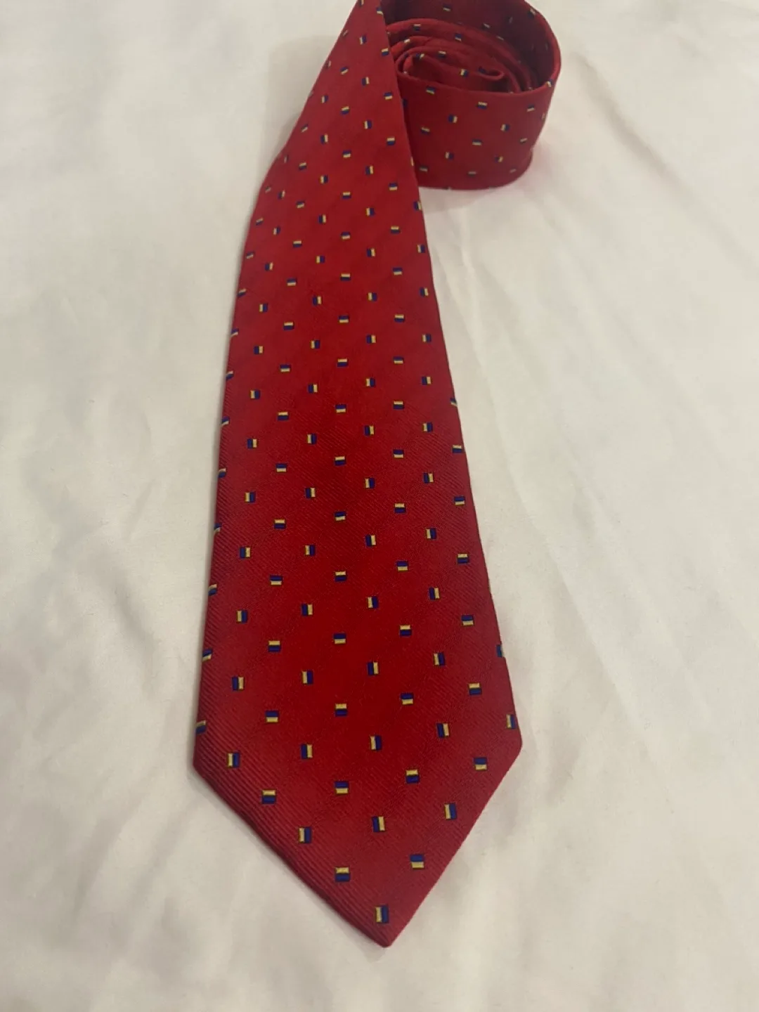 2 Silk Ties: Red with Blue and Yellow Pattern image indicator(7)