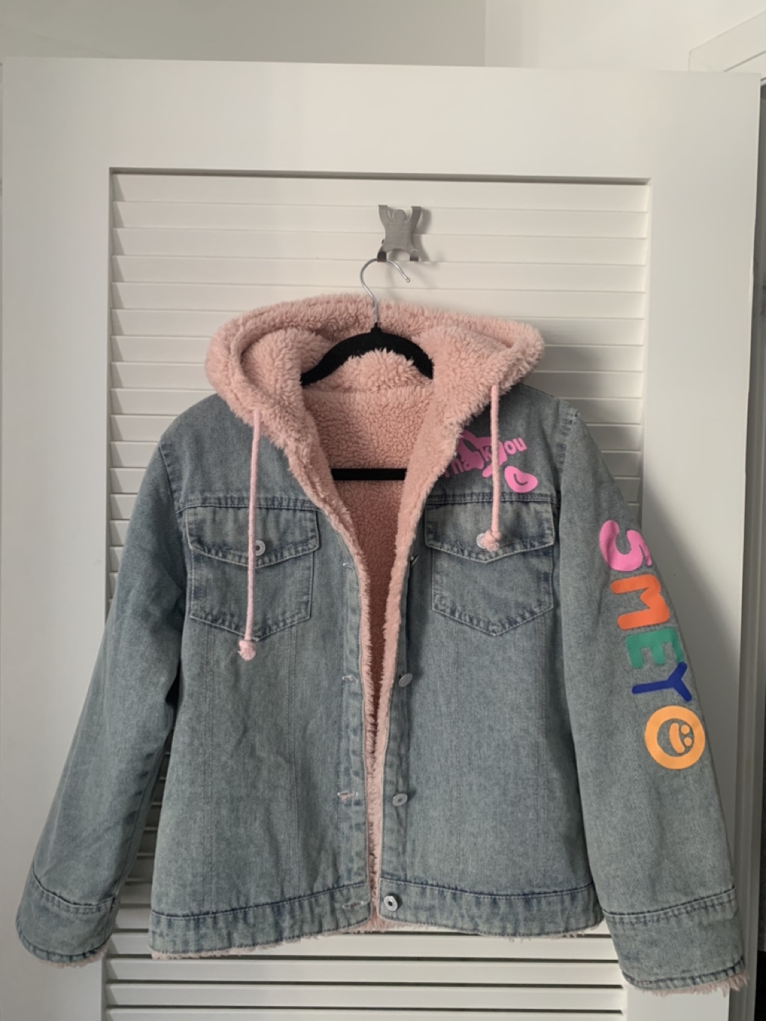 Double sided Denim / Pink & white hooded Jacket