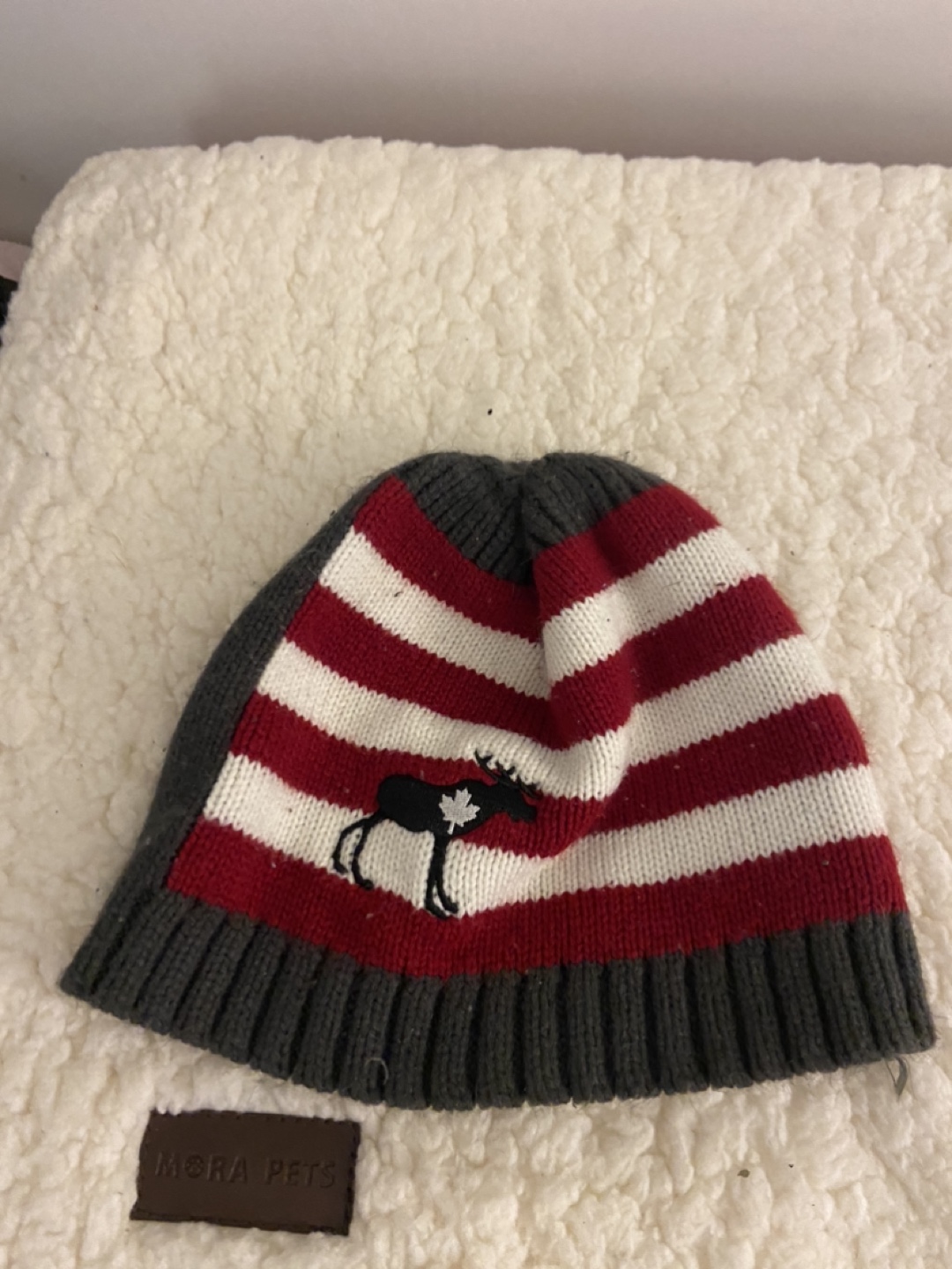 Red and White Striped Beanie with Moose
