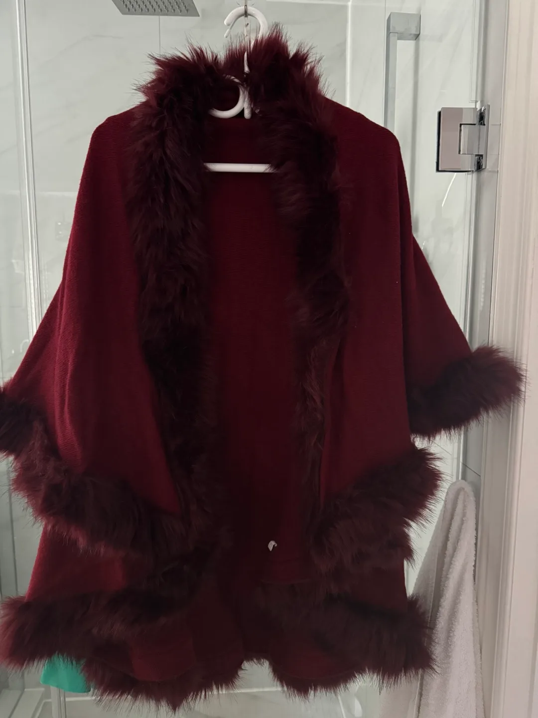 Burgundy Faux Fur Trimmed Poncho thumbnail