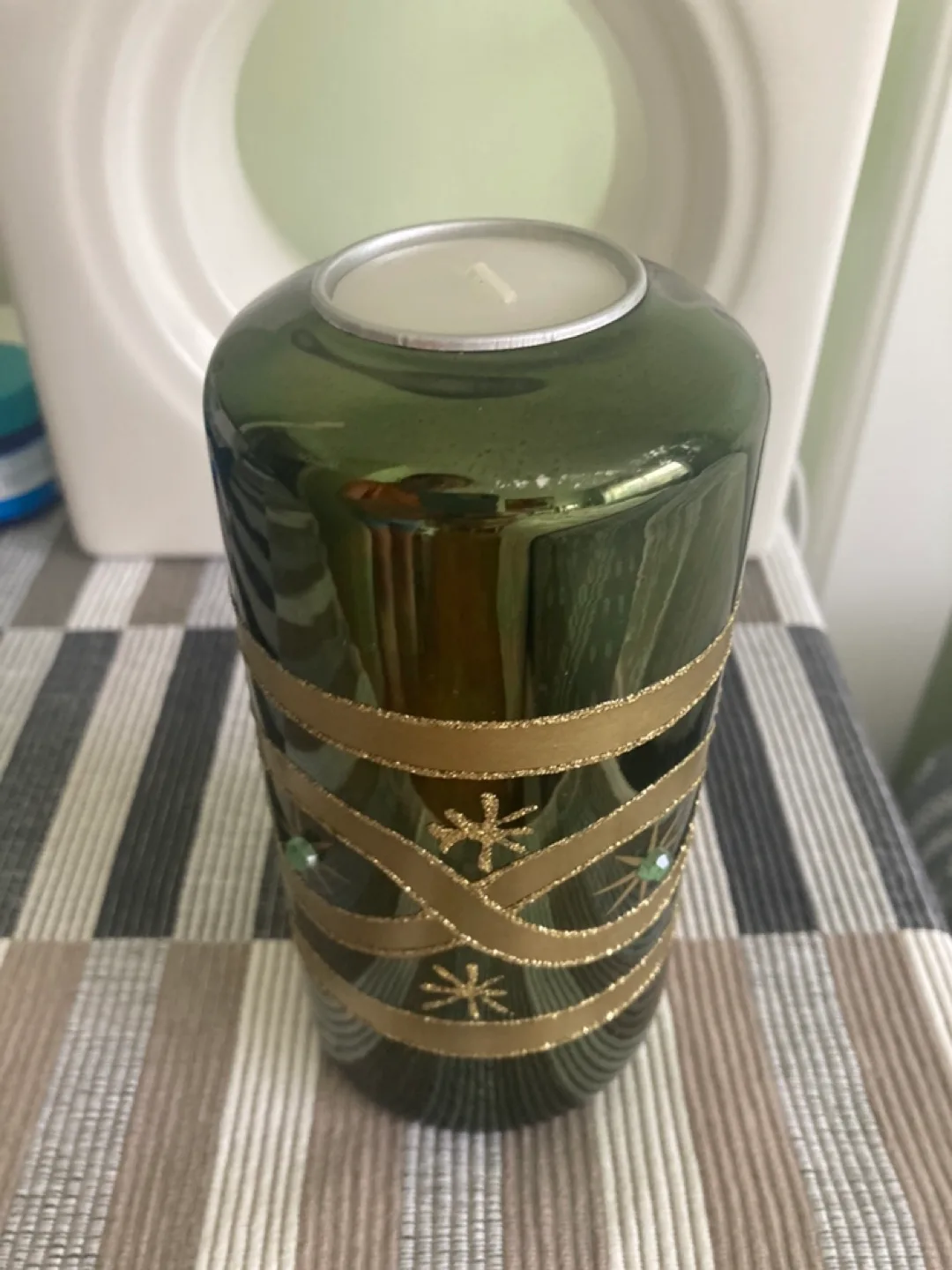 Pretty Green Candle Holder #freecycle - a few imperfections thumbnail