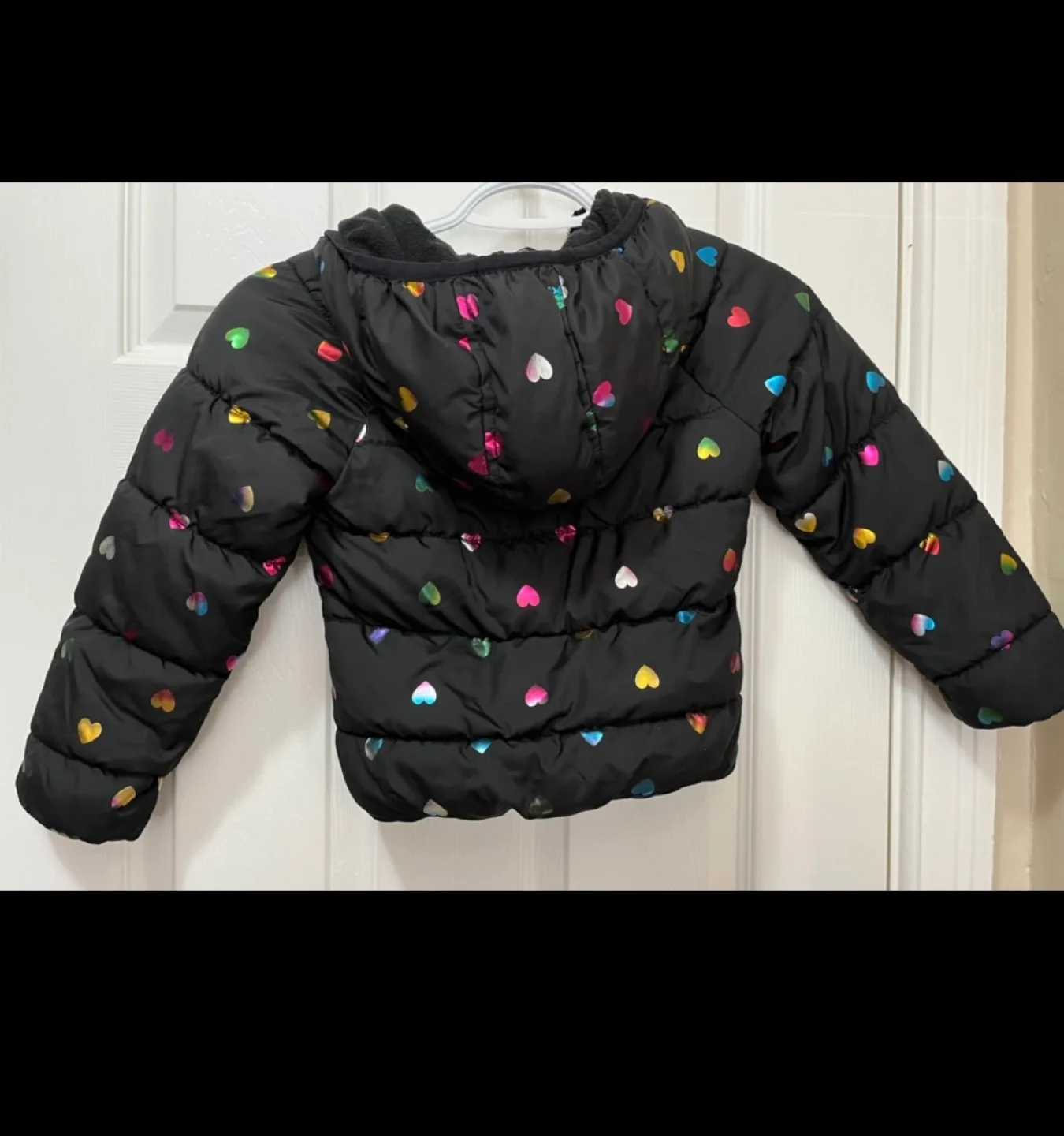 Girls' Black Puffer Jacket with Rainbow Hearts Size 5 image indicator(2)