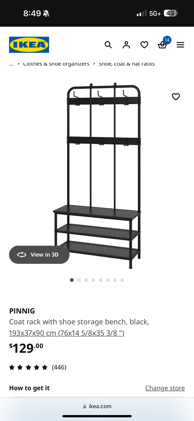 IKEA PINNIG Coat Rack with Shoe Storage Bench - Black