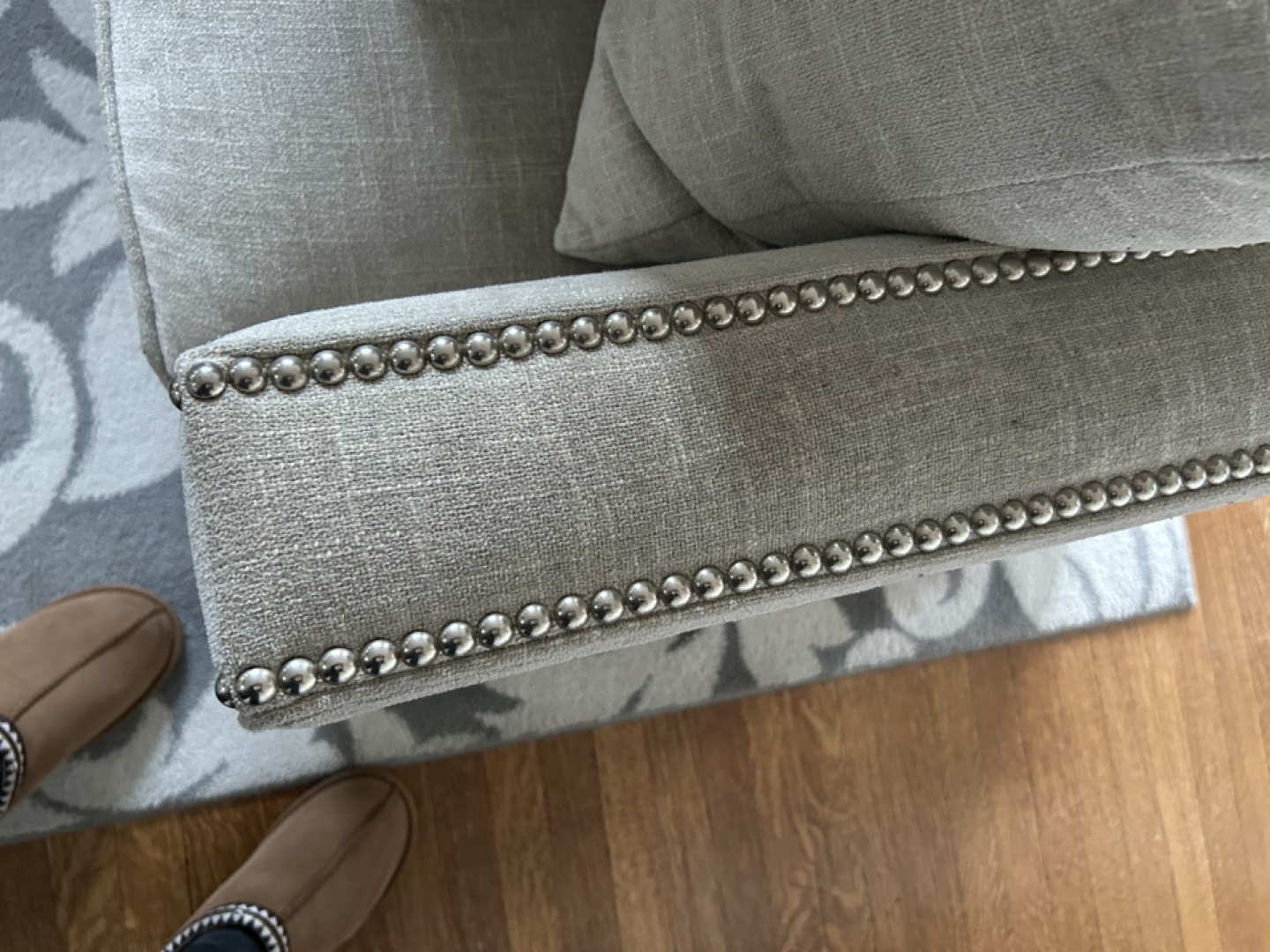 Grey Linen Sofa with Nailhead Trim - photo 4