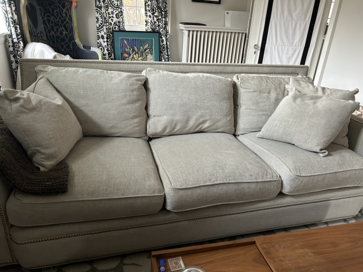 Grey Linen Sofa with Nailhead Trim - photo 5