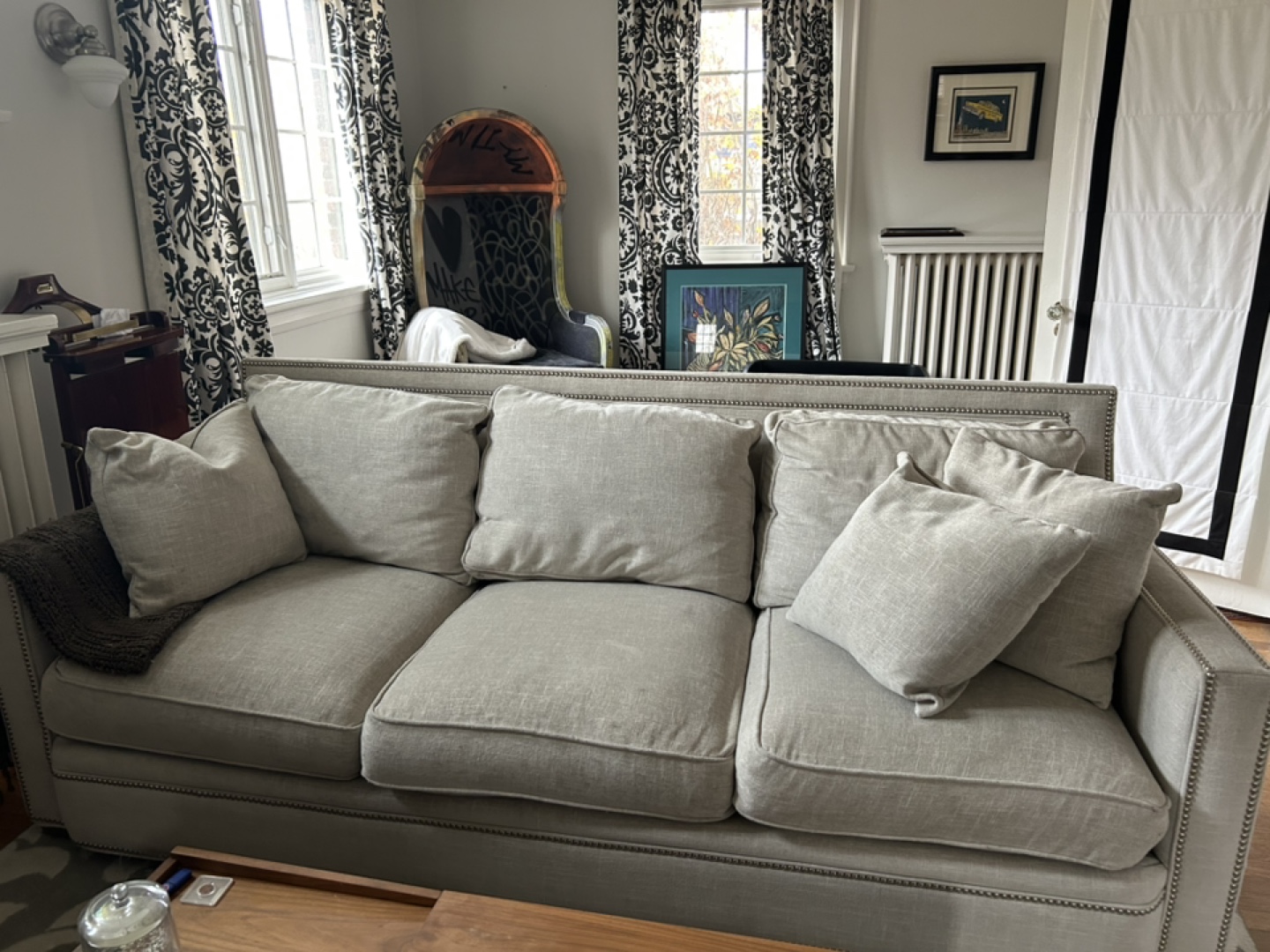 Grey Linen Sofa with Nailhead Trim