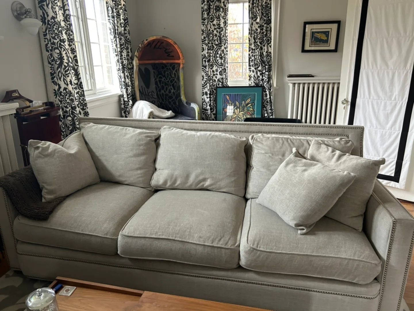 Grey Linen Sofa with Nailhead Trim thumbnail