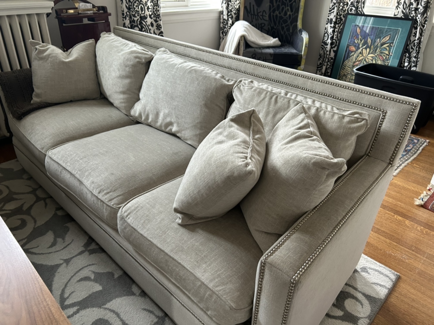 Grey Linen Sofa with Nailhead Trim - photo 2