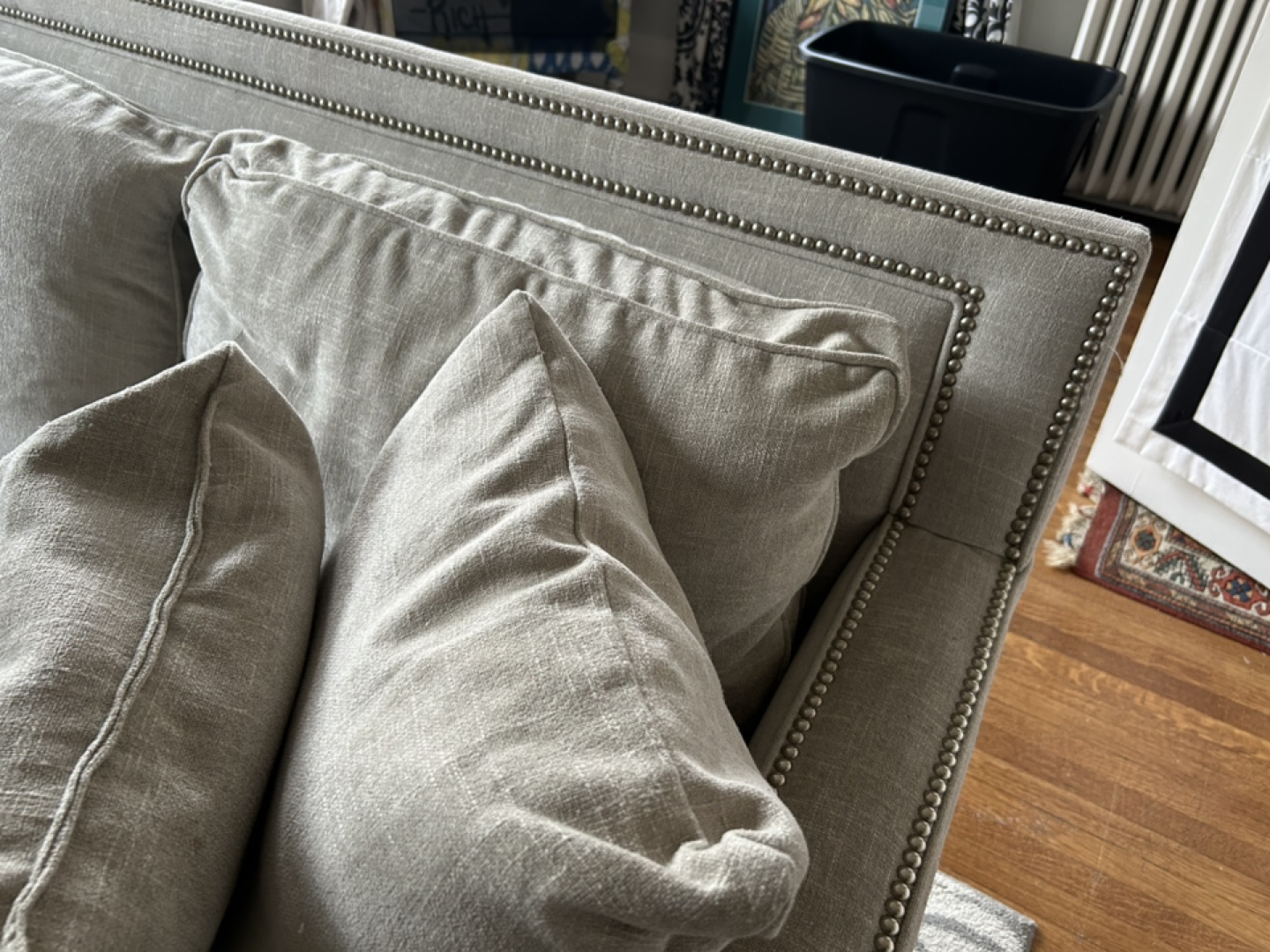 Grey Linen Sofa with Nailhead Trim - photo 3