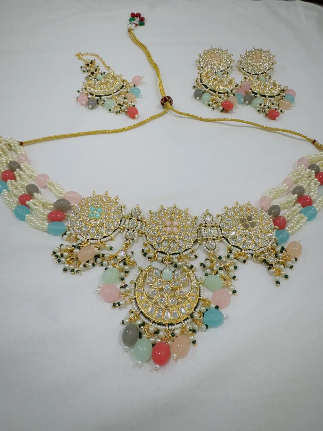 Multi-coloured beaded necklace and earring set thumbnail