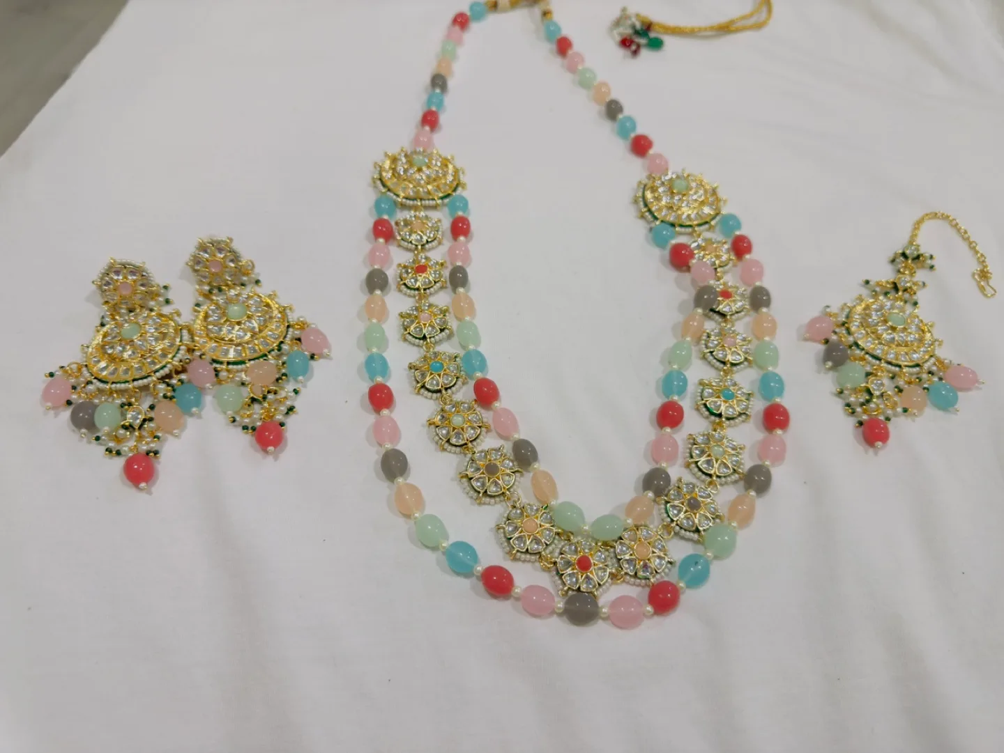 Multicoloured Beaded Necklace Set with Earrings and Tikka thumbnail