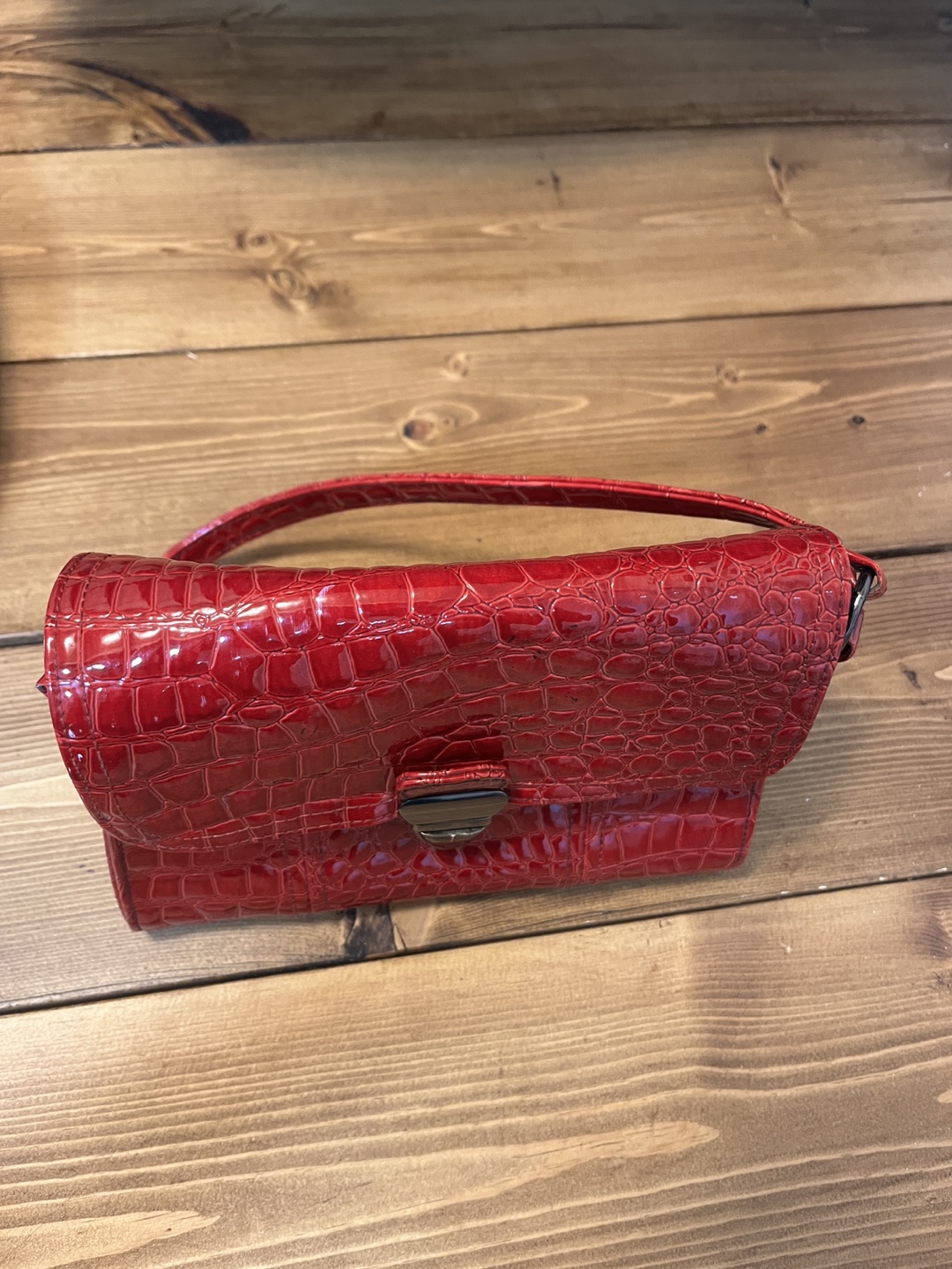 Red Crocodile-Embossed Shoulder Bag