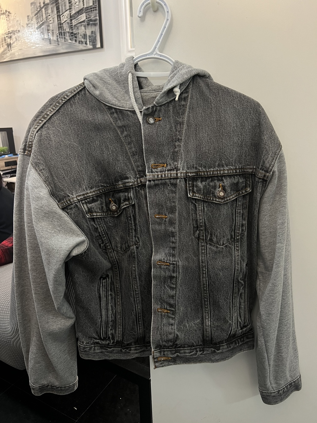 Grey Denim Jacket with Hoodie