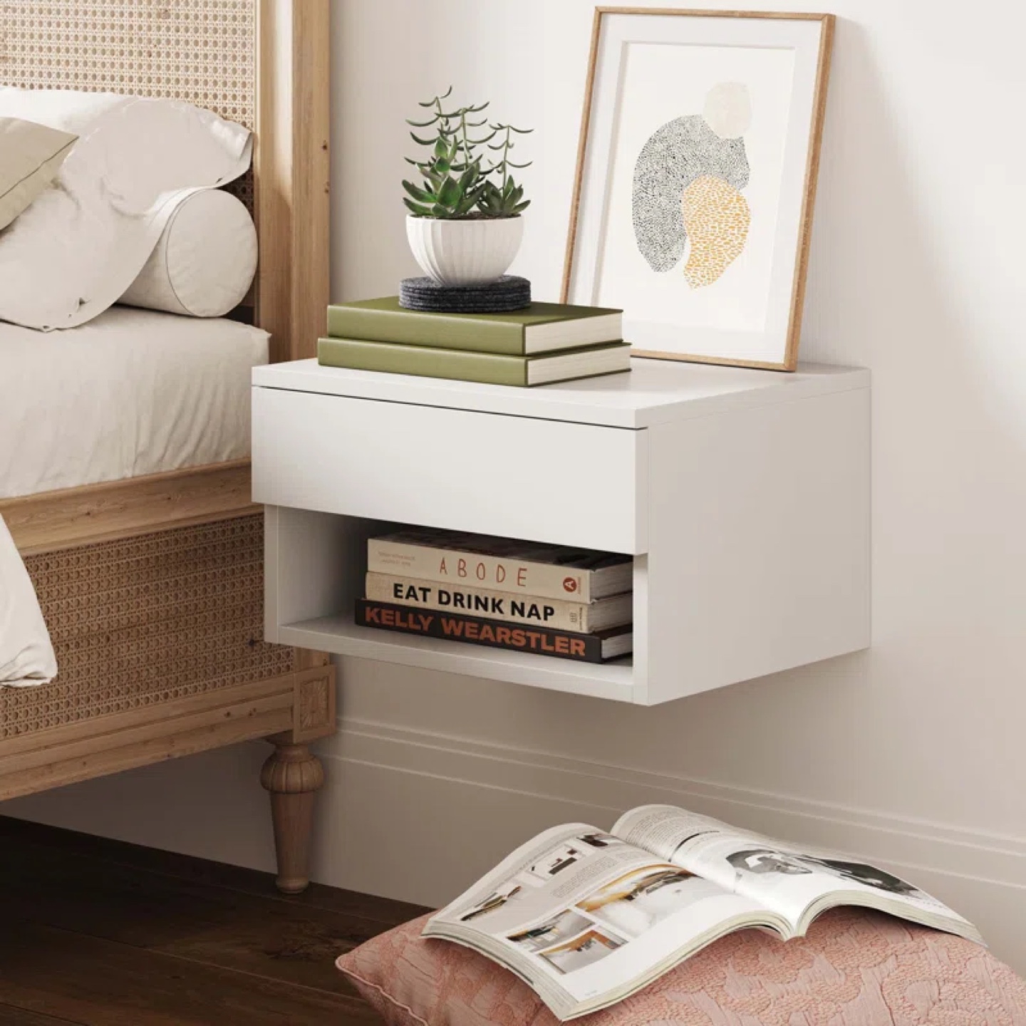 White Floating Nightstand with Drawer - photo 2