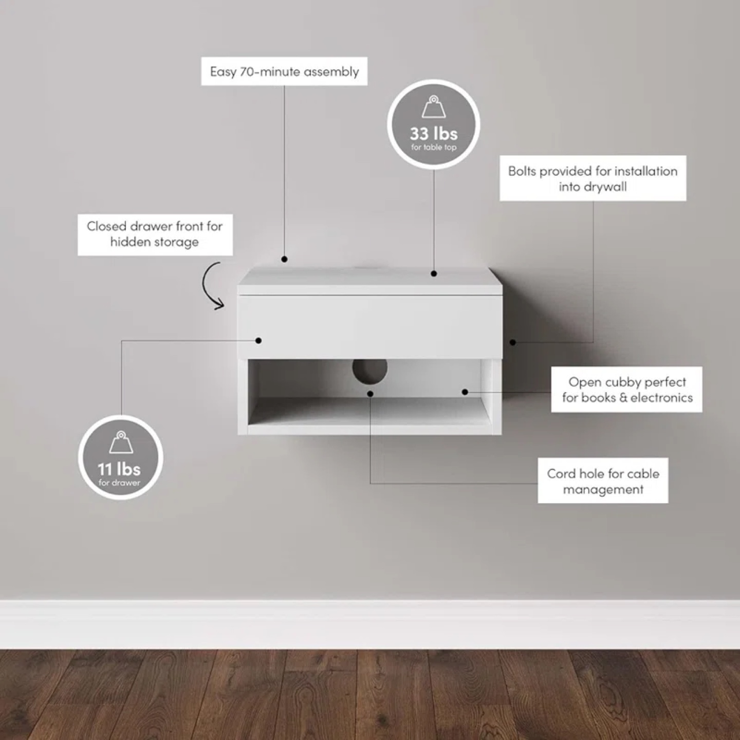 White Floating Nightstand with Drawer - photo 3