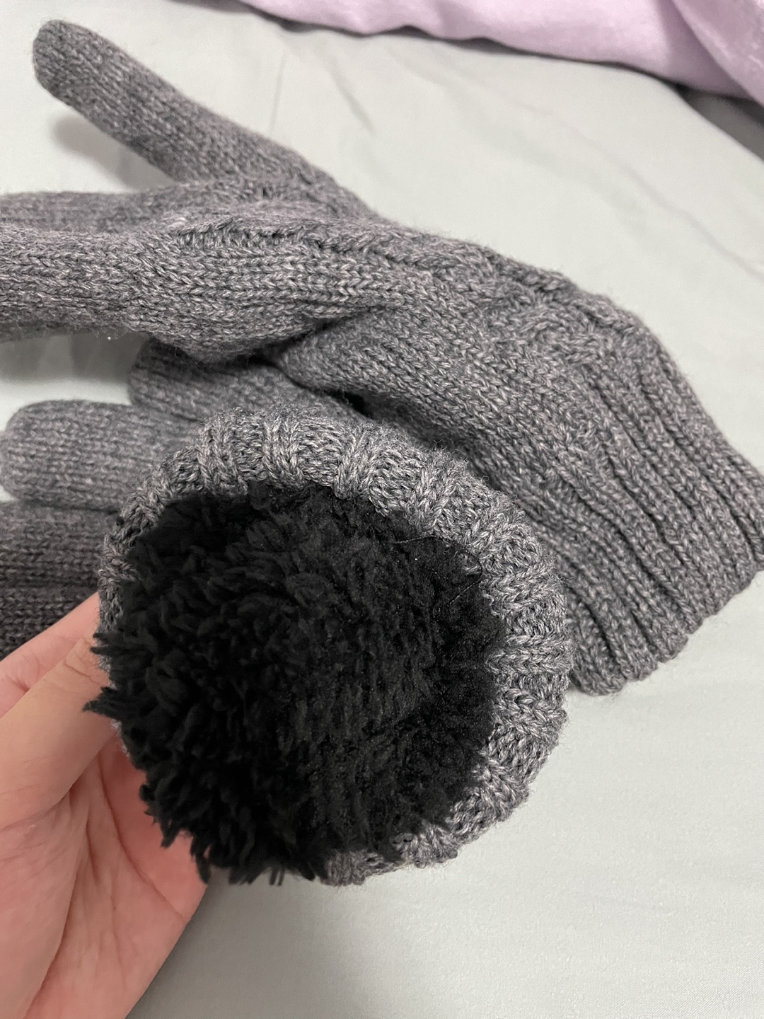 Grey Cable Knit Gloves with Fleece Lining - photo 2