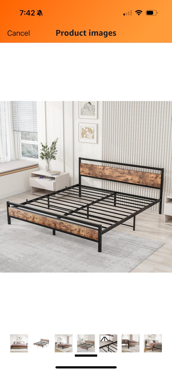 Metal Bed Frame with Wooden Headboard