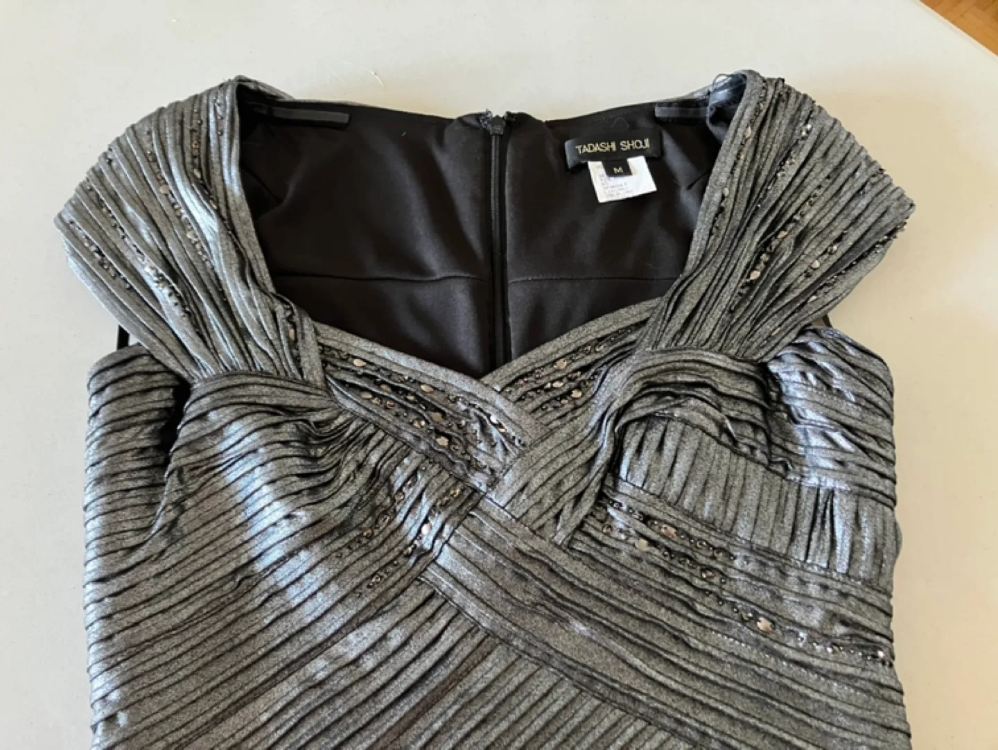 Tadashi Shoji Silver Pleated Dress Sz M thumbnail