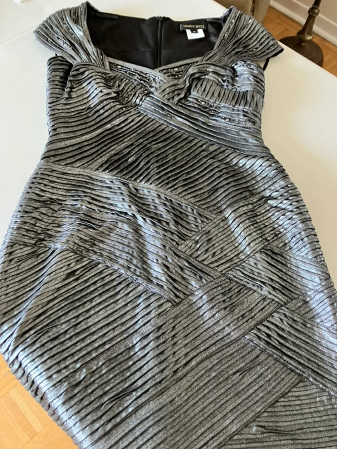 Tadashi Shoji Silver Pleated Dress Sz M image indicator(2)