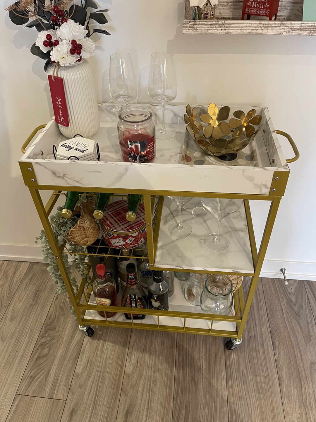 Elegant Bar Cart with Gold Frame & Marble Finish - photo 3