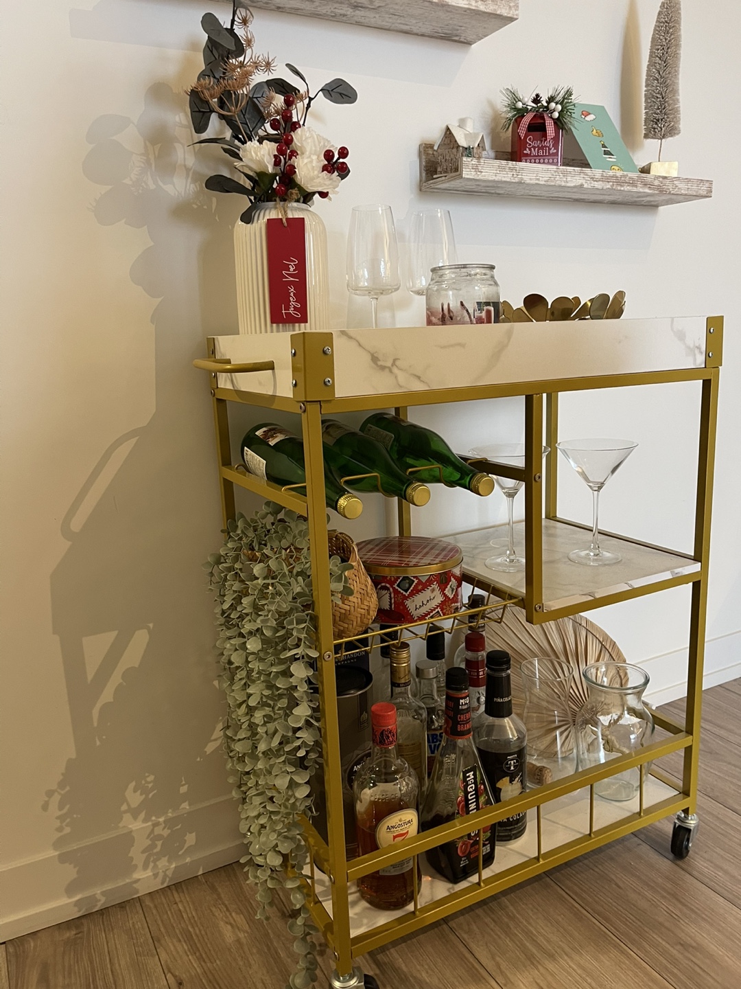 Elegant Bar Cart with Gold Frame & Marble Finish - photo 2