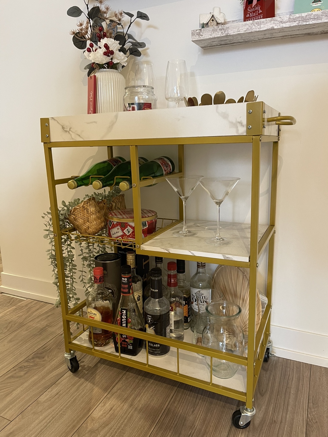 Elegant Bar Cart with Gold Frame & Marble Finish