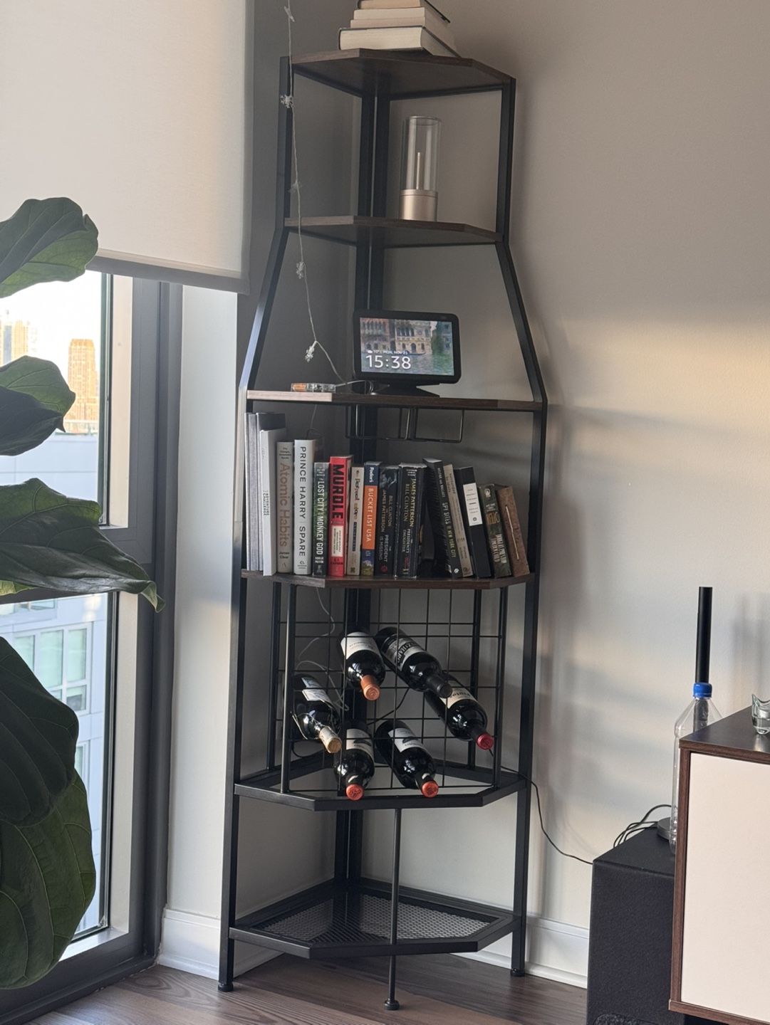 Corner Wine Rack, 5-Tier, Industrial Metal and Wood