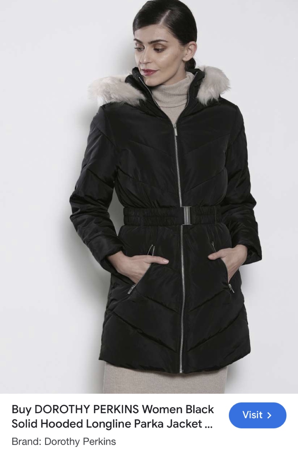Dorothy Perkins Black Puffer Jacket with Belt and Fur Hood