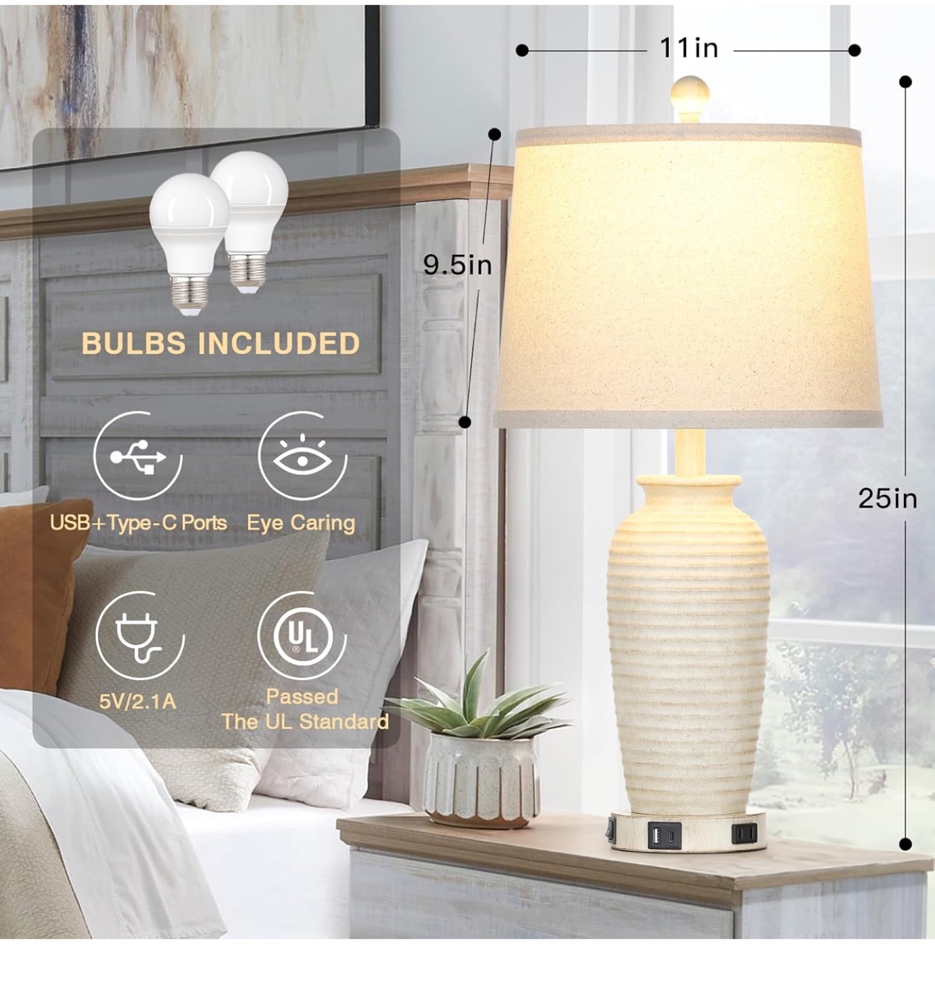 Set of 2 White Ceramic Table Lamps with USB Ports & Outlets - photo 4