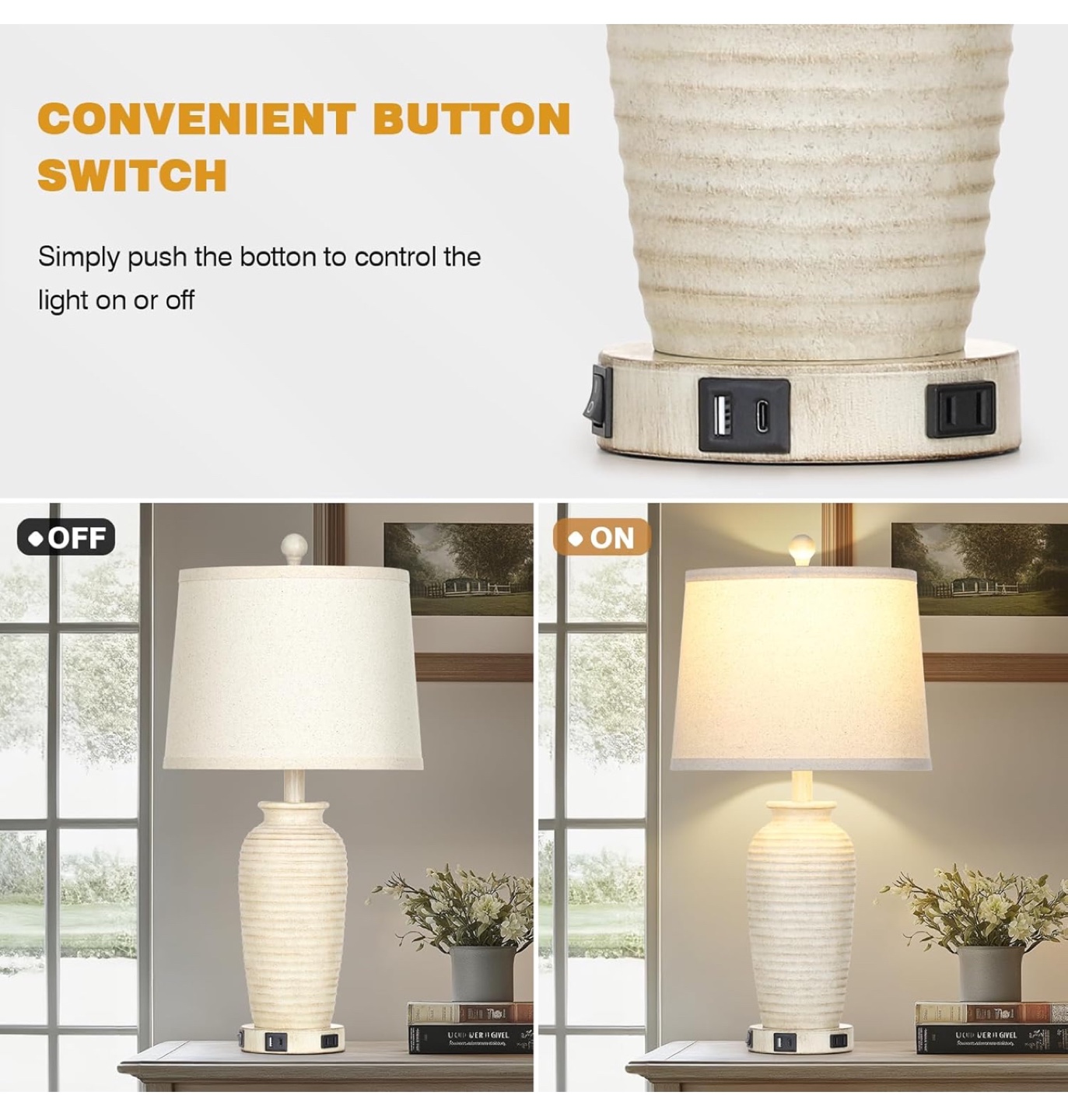 Set of 2 White Ceramic Table Lamps with USB Ports & Outlets - photo 5