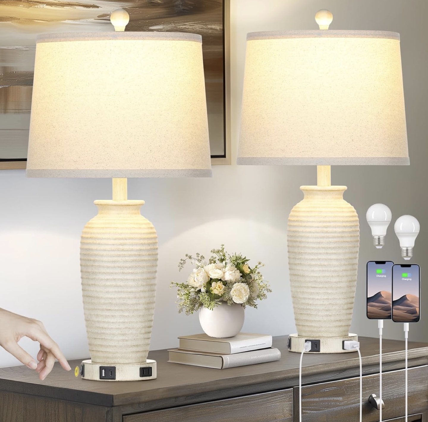 Set of 2 White Ceramic Table Lamps with USB Ports & Outlets