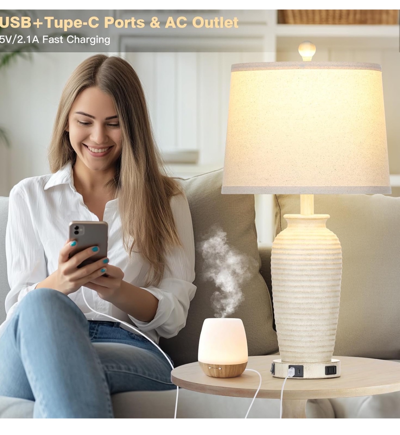 Set of 2 White Ceramic Table Lamps with USB Ports & Outlets - photo 3