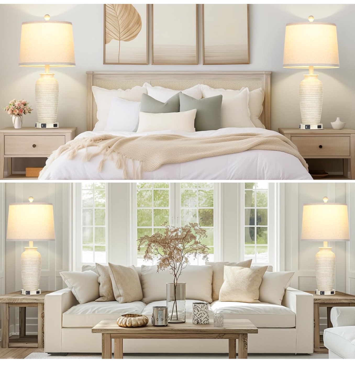 Set of 2 White Ceramic Table Lamps with USB Ports & Outlets - photo 2