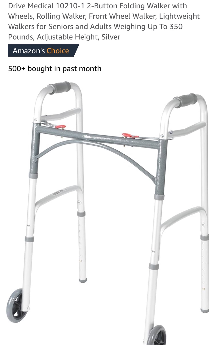 Drive Medical 2-Button Folding Walker with Wheels