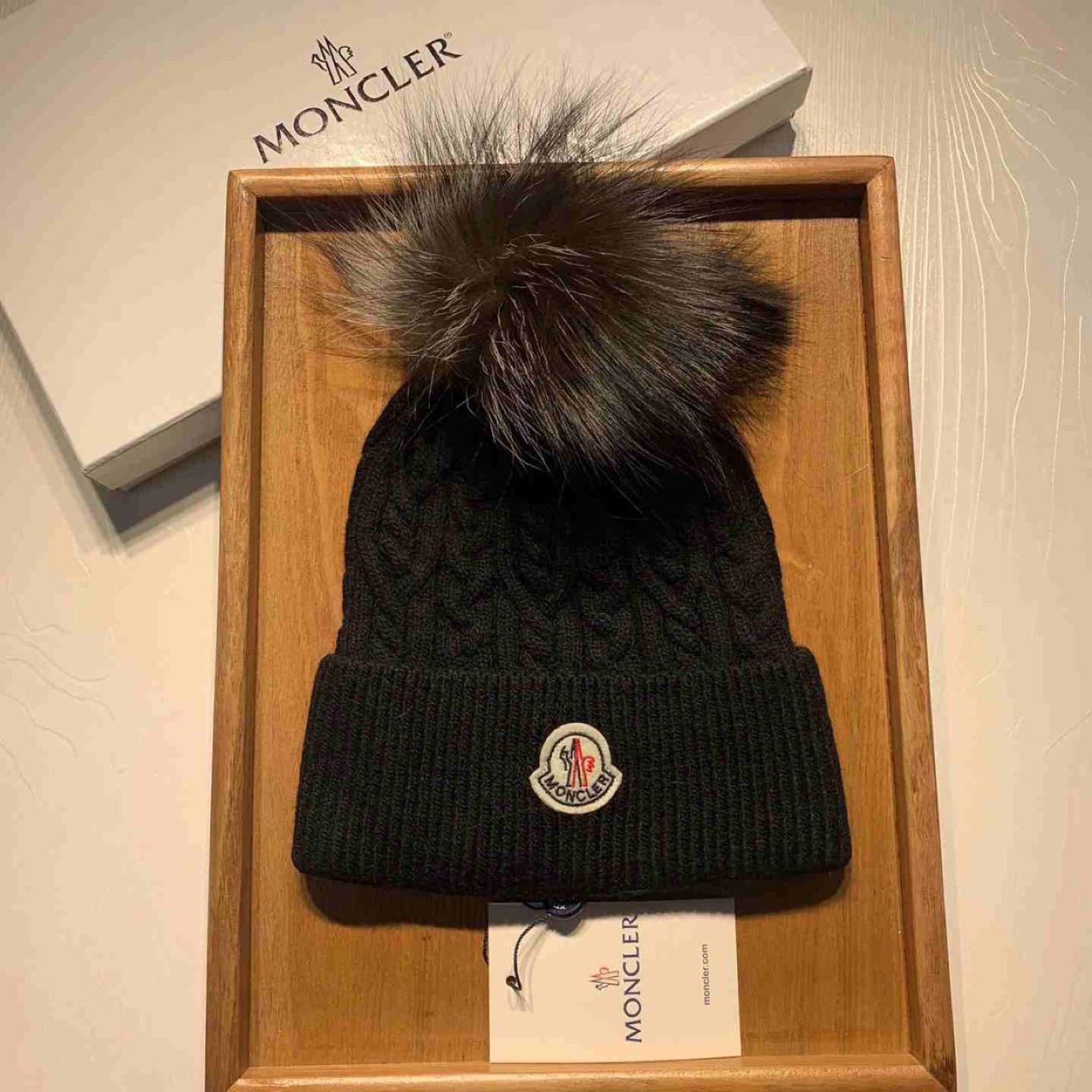 Moncler Black Knit Hat With Fur Pom Pom - photo 2
