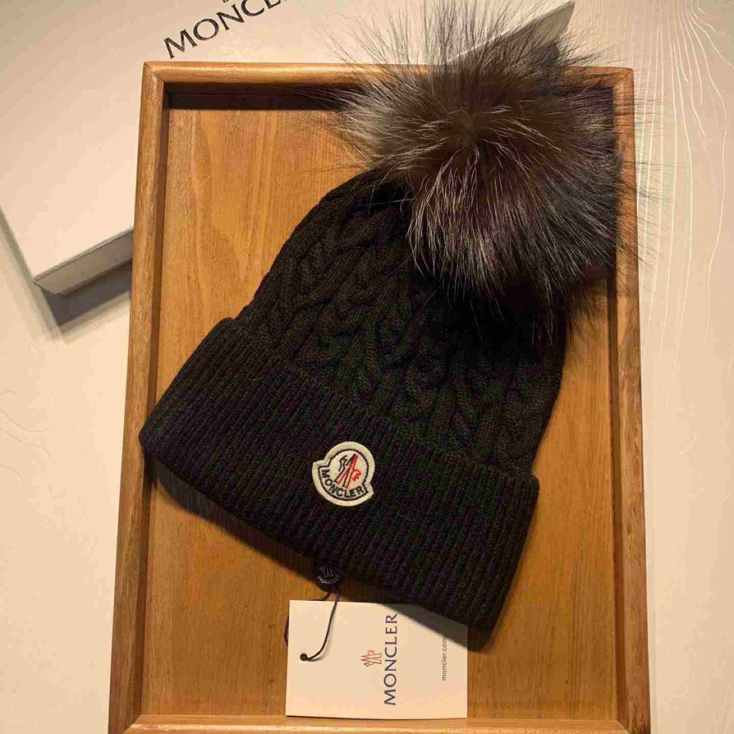 Moncler Black Knit Hat With Fur Pom Pom