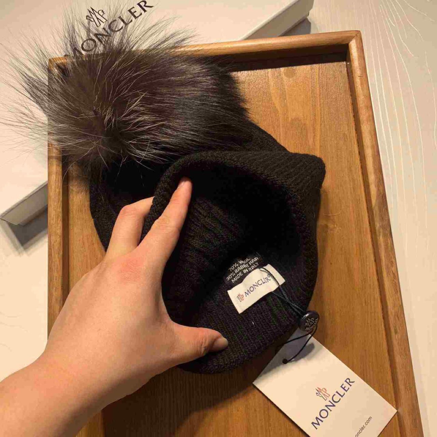 Moncler Black Knit Hat With Fur Pom Pom - photo 4
