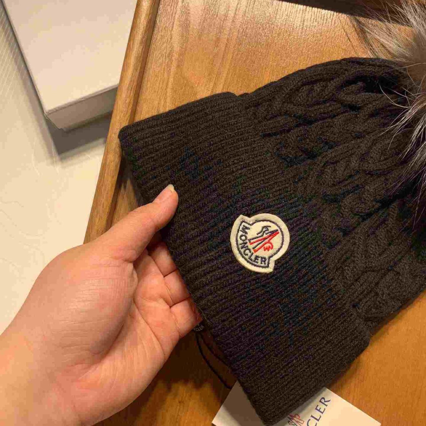 Moncler Black Knit Hat With Fur Pom Pom - photo 3