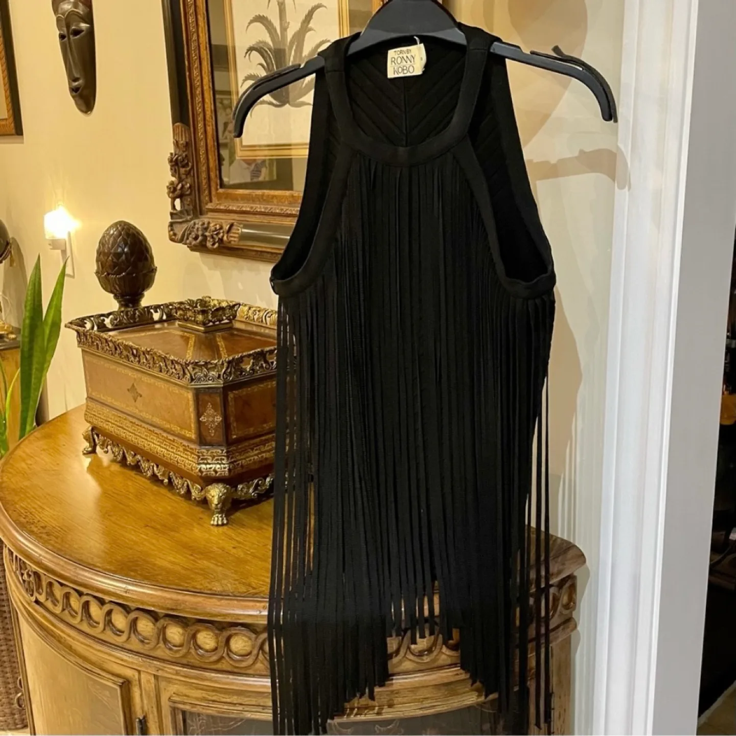 Torn by Ronny Kobo Fringe Ribbed Textured Medium Halter Top image indicator(3)