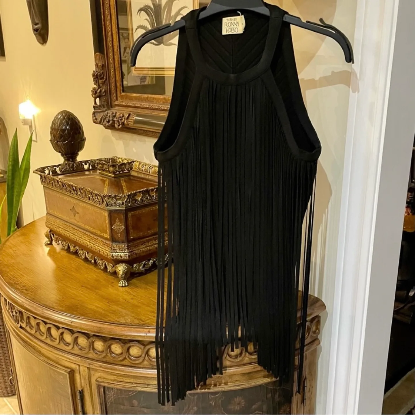 Torn by Ronny Kobo Fringe Ribbed Textured Medium Halter Top image indicator(2)