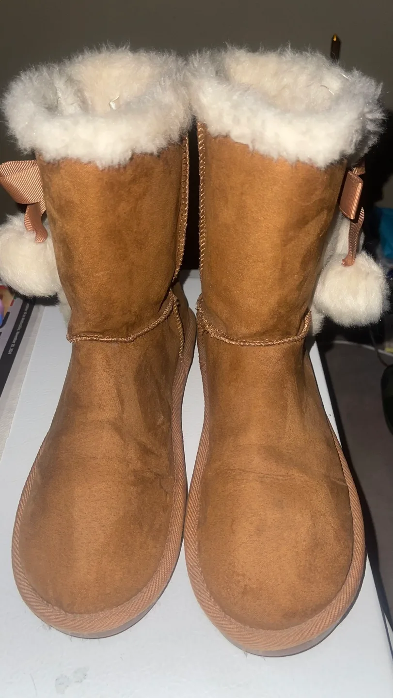 Brown Faux Suede Winter Boots with Pom-poms image indicator(2)