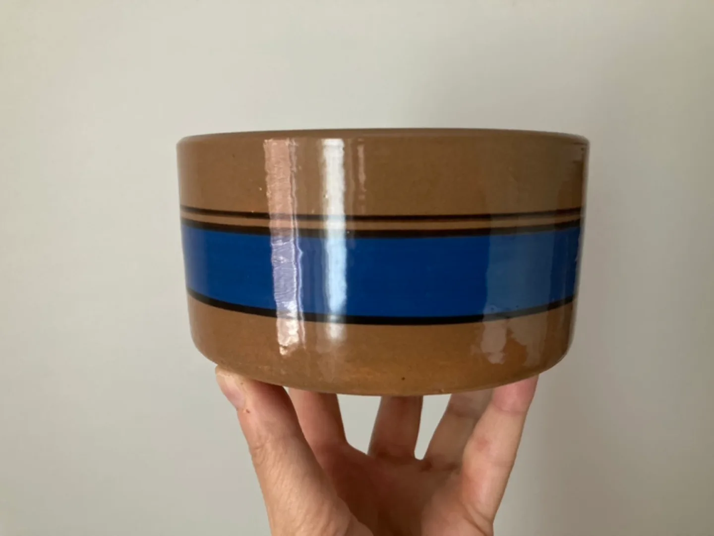 Vintage striped Blue and Brown Stoneware Pet Dish Bowl image indicator(2)