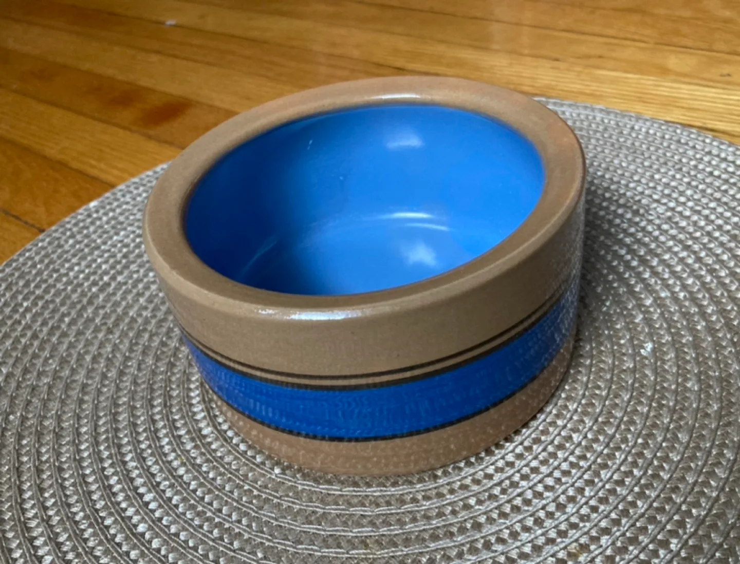 Vintage striped Blue and Brown Stoneware Pet Dish Bowl image indicator(3)