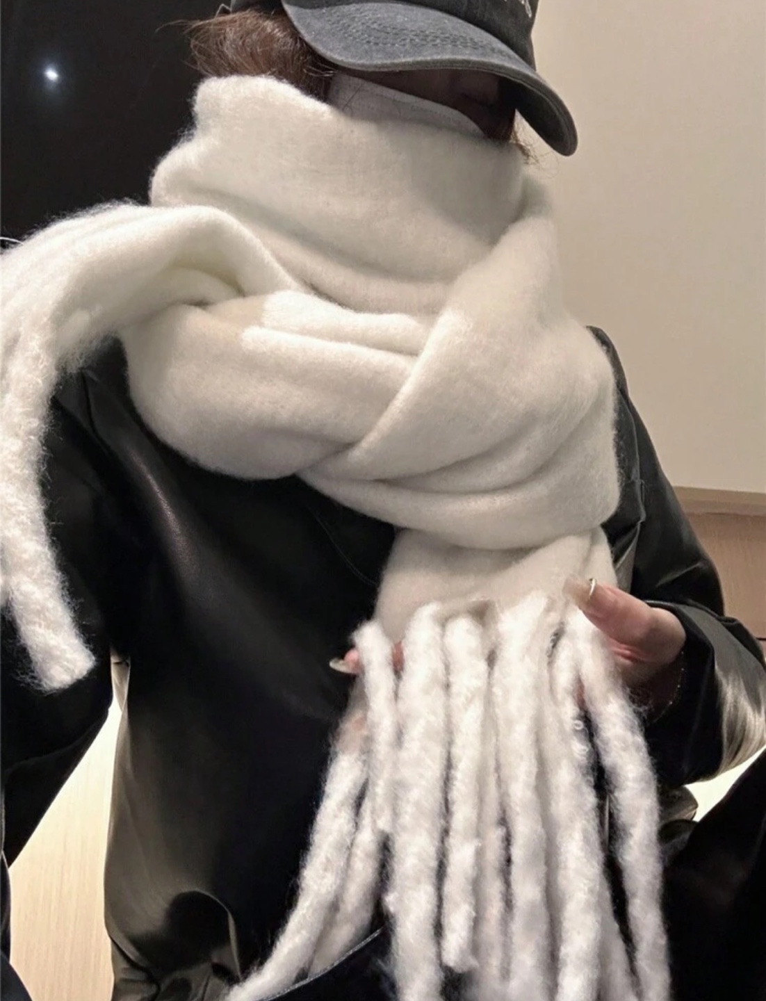 White Fuzzy Scarf with Tassels