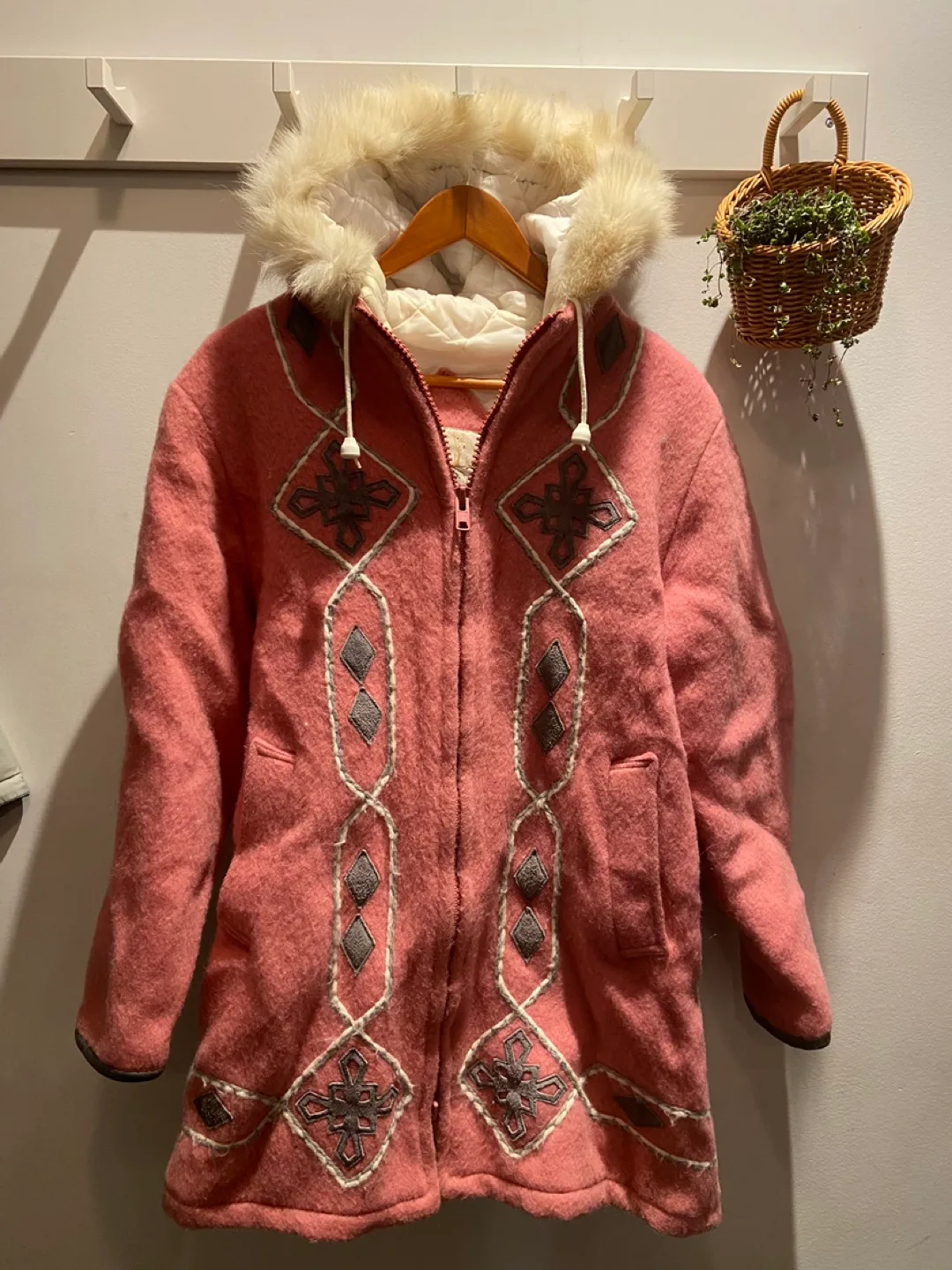 Vintage Pink Wool Parka with Fur Hood thumbnail