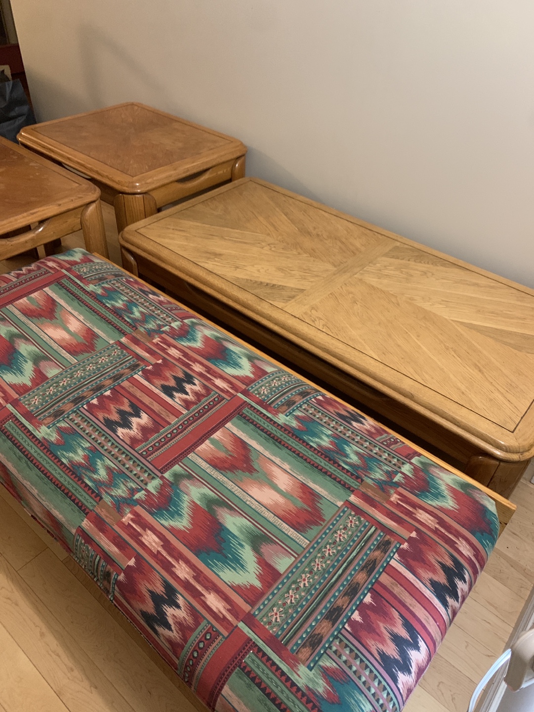 Set of Three Wood Coffee Tables and One Bench