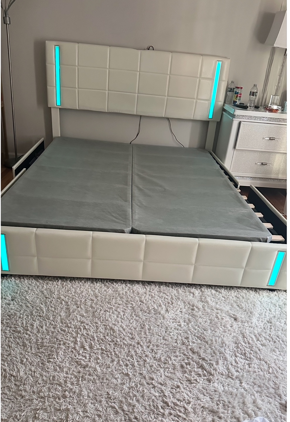 White Queen Size Bed Frame with LED Lights and Storage